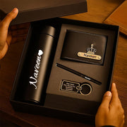 Personalized Premium Black Gift Set – Custom Name Bottle, Wallet, Pen & Keychain
