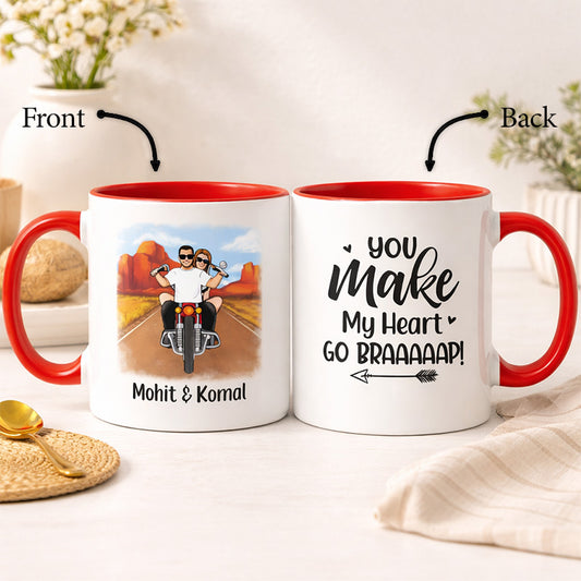 Personalized Couple Biker Mug – “You Make My Heart Go Braaap” Custom Name Coffee Cup