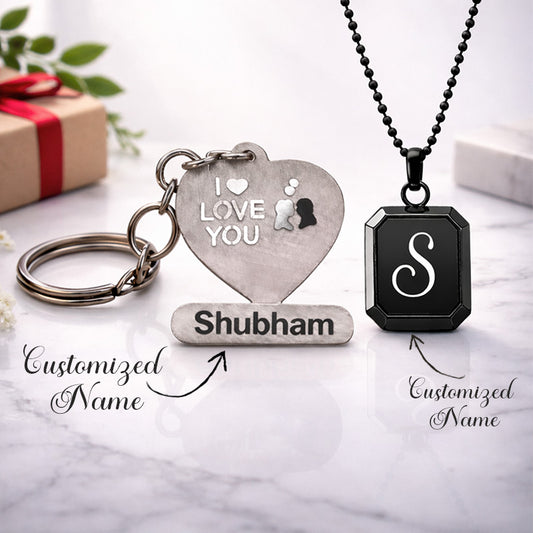 Personalized Couple Name Keychain & Initial Pendant Gift Set