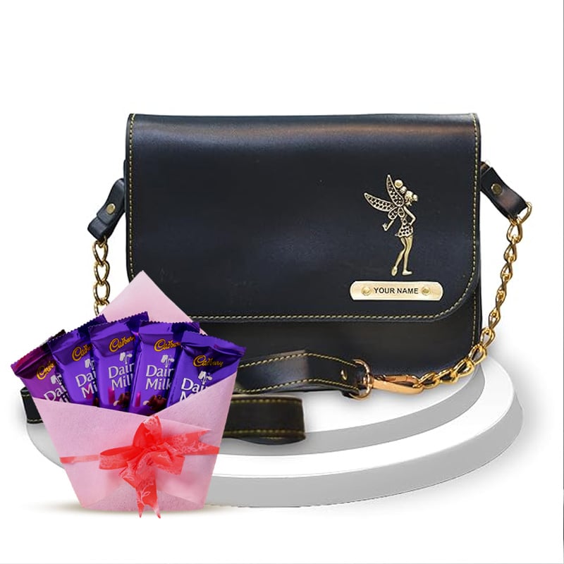 Personalized Fairy Charm Sling Bag with Cadbury Dairy Milk Chocolate Bouquet