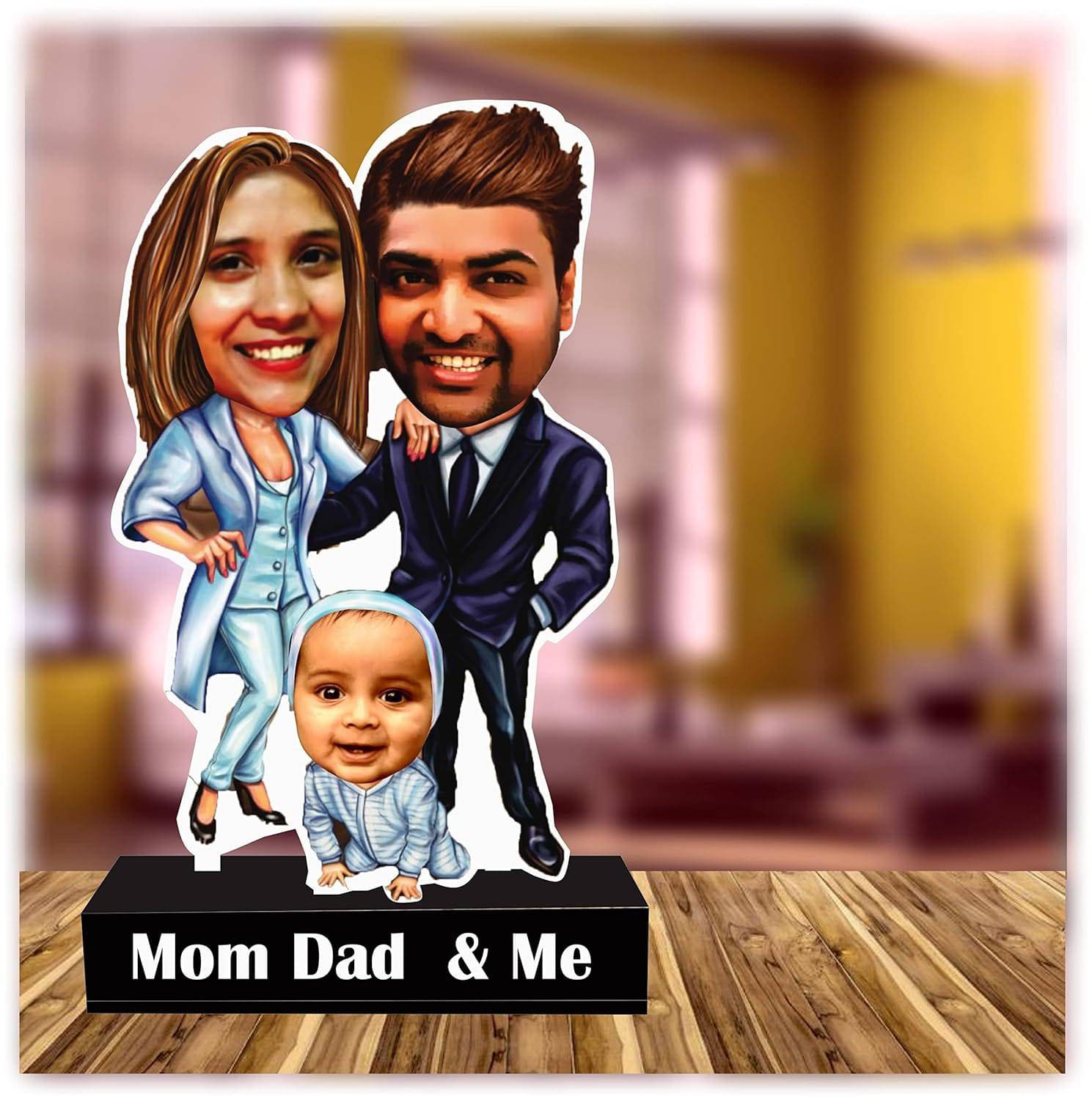 Personalized Gifts for Pregnant Wife/Women - Baby Shower Gift for Expecting Mom | Caricature Couple Standee with Cutout with Customised Captions (mom dad & me) - YuvaFlowers