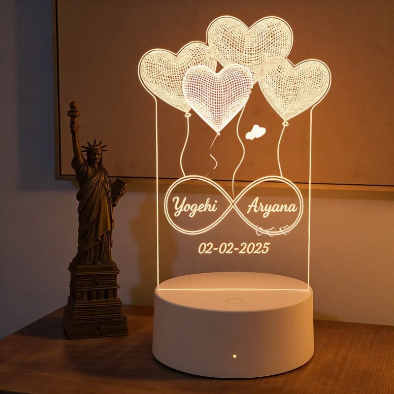 Personalized Heart Balloon Infinity LED Lamp with Custom Names & Date