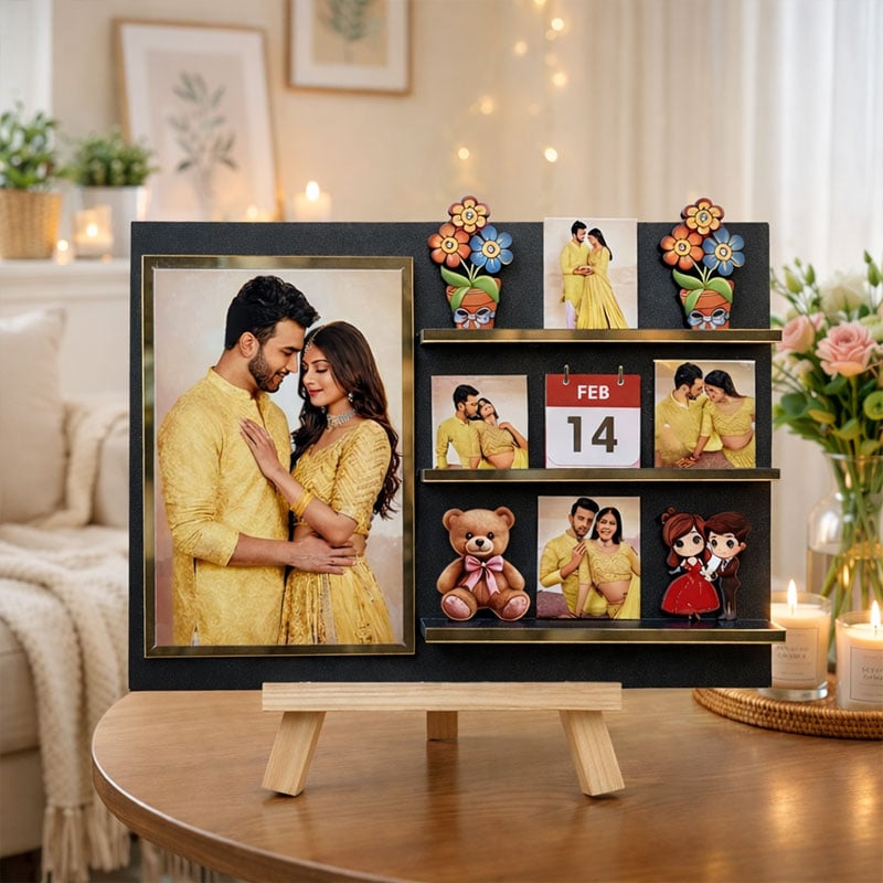 Personalized Valentine Couple Photo Frame with Calendar & Mini Shelf Décor