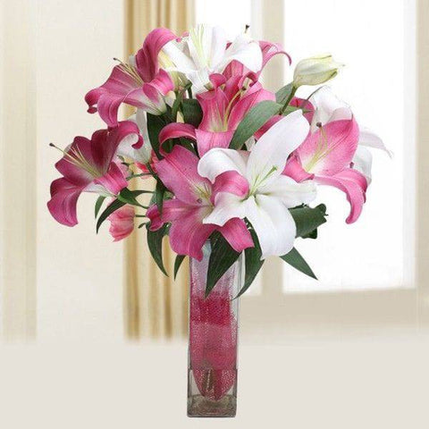 Pink and White Lily Vase - YuvaFlowers