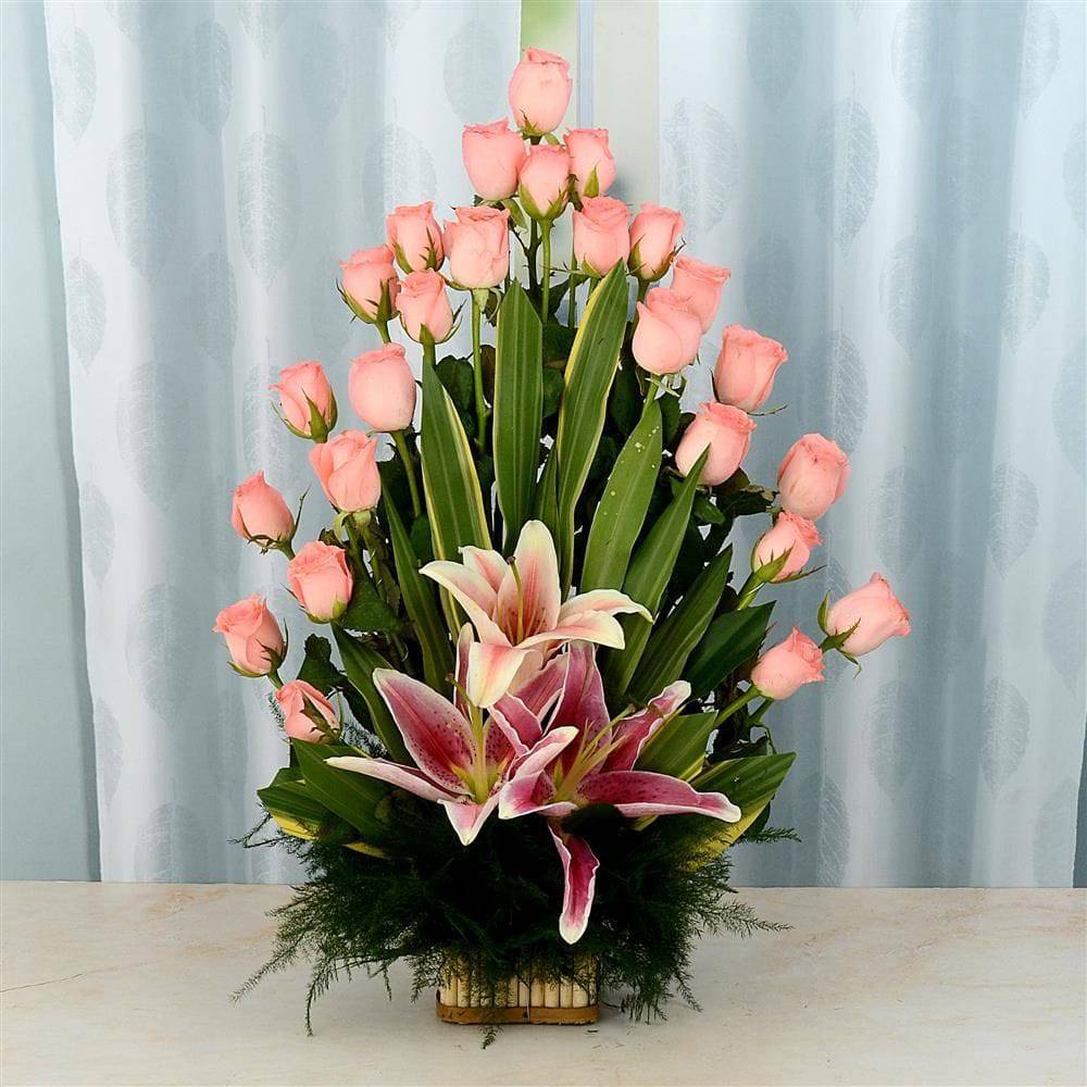 Pink Basket of Roses and Lily - YuvaFlowers