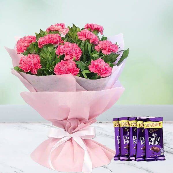 Pink Carnation With Dairy Milk - YuvaFlowers