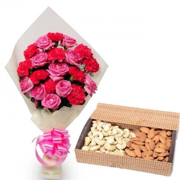 Pink Flowers and Dryfruit - YuvaFlowers