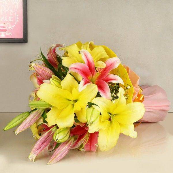 Pink n Yellow Oriental Lilies - YuvaFlowers