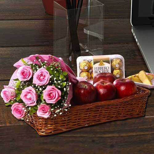 Pink Rose Bouquet with Apple and Ferrero Rocher - YuvaFlowers
