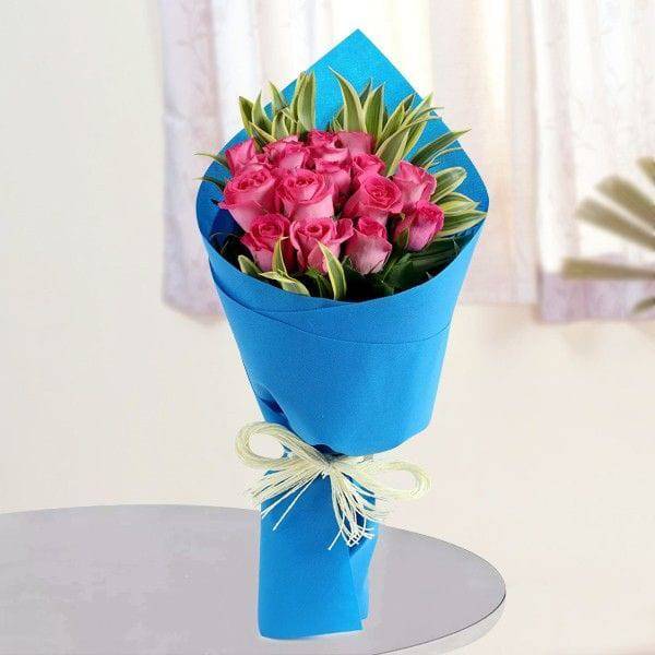 Pink Roses Bunch in Blue Paper - YuvaFlowers