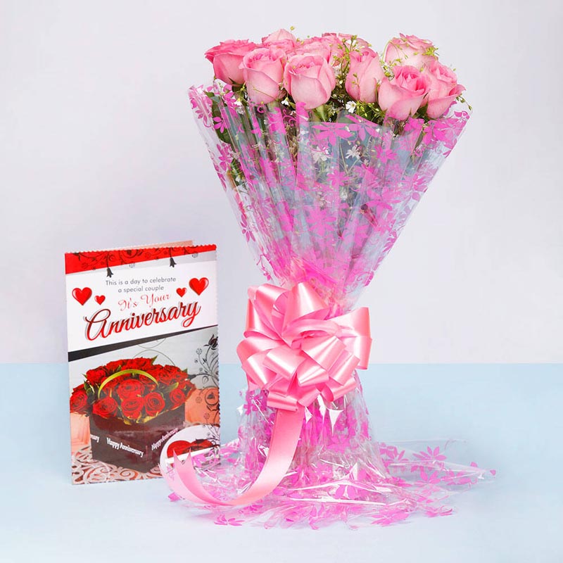 Pink Roses With Anniversary Greeting Card
