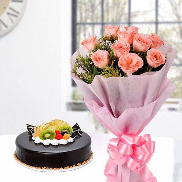 Pink Roses with Chocolate Fruit Cake - YuvaFlowers