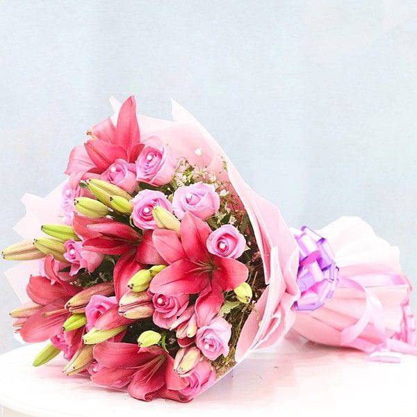 Pink Roses with Lilies - YuvaFlowers