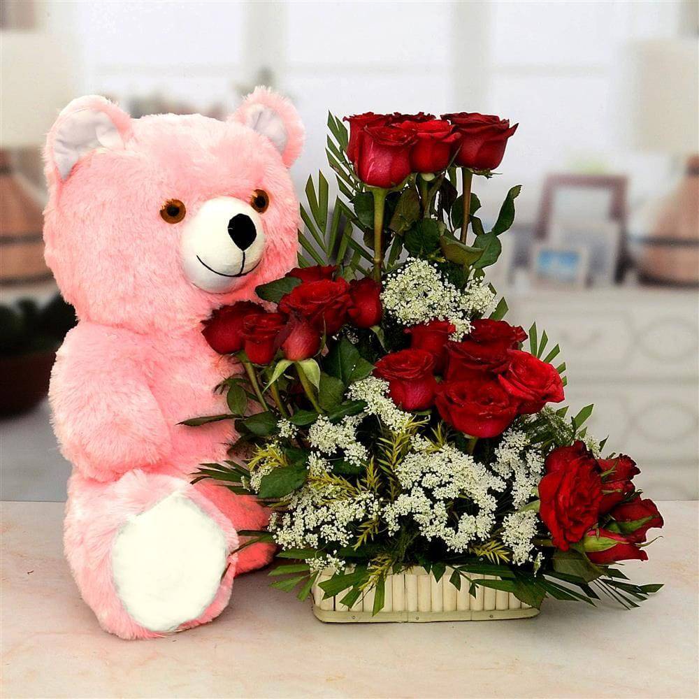 Pink Teddy Bear with Exotic Red Rose Basket - YuvaFlowers