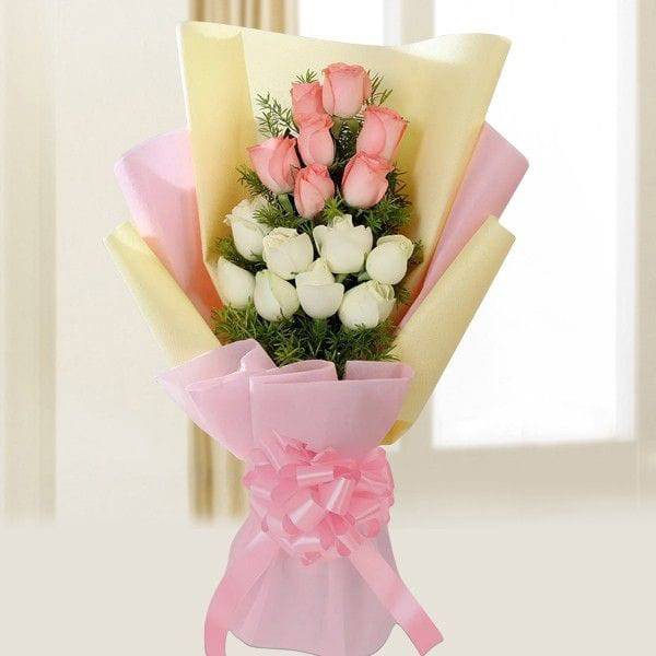 Pink & White Roses Bunch - YuvaFlowers