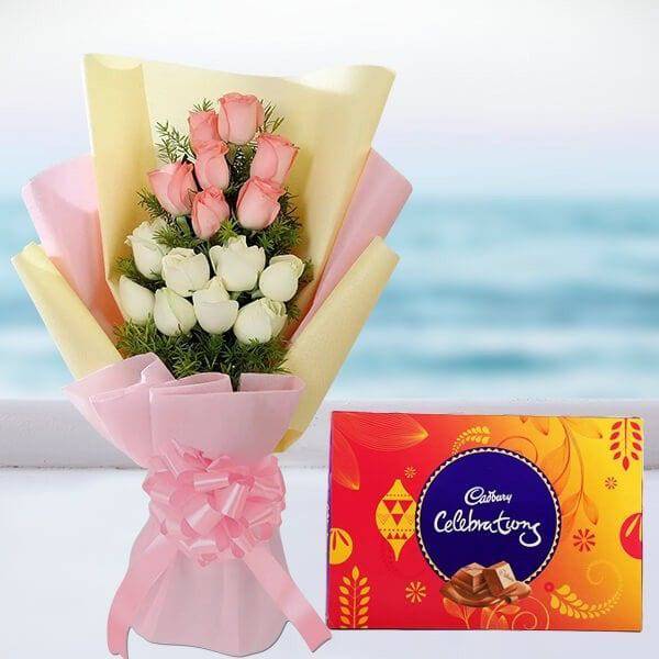 Pink White Roses With Celebration - YuvaFlowers