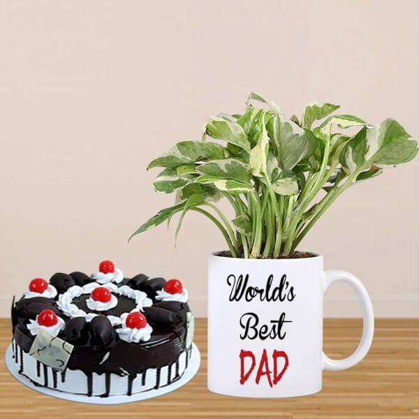 Pothos Plant In World's Best Dad Mug With Cake - YuvaFlowers