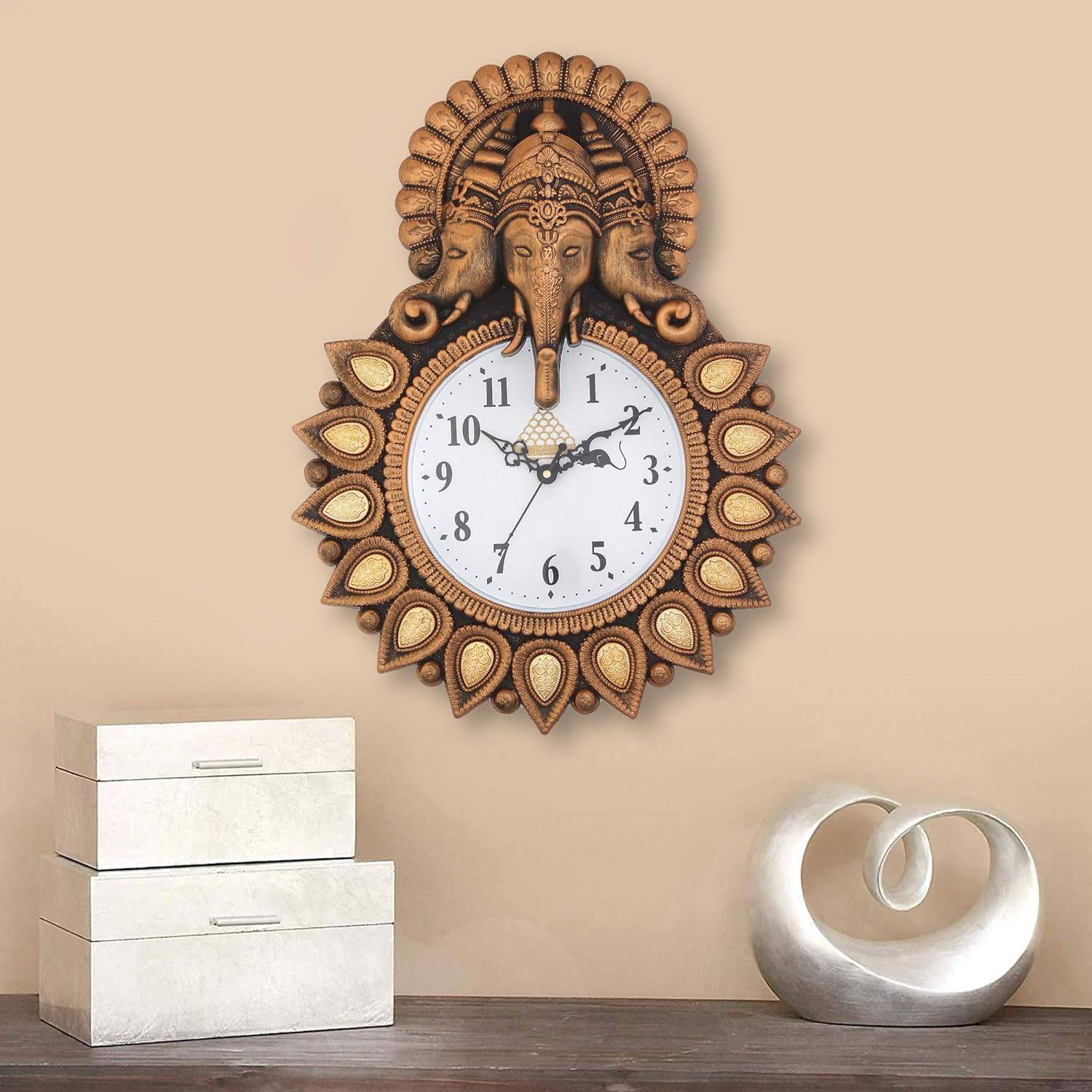 Premium Plastic Designer Stones Ganesha Wall Clock for Home and Office Décor, Living Room, Bedroom (Copper, 12 Inch) - YuvaFlowers