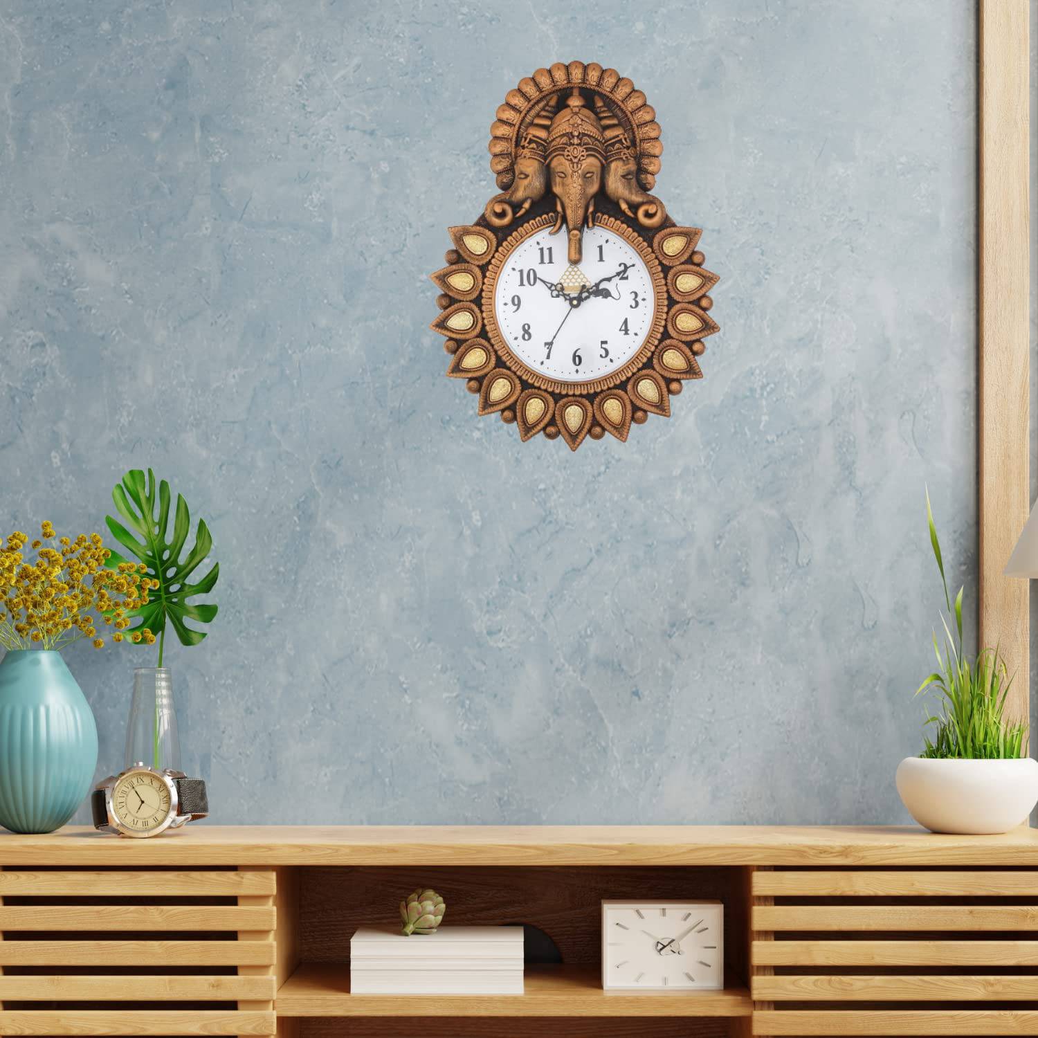 Premium Plastic Designer Stones Ganesha Wall Clock for Home and Office Décor, Living Room, Bedroom (Copper, 12 Inch) - YuvaFlowers