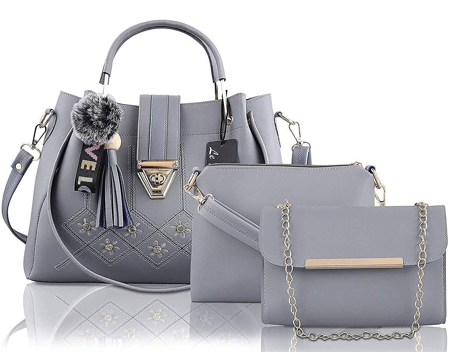 PU Leather Latest Handbags For Women's Ladies Combo Of 3 (GREY_EMBDRY_FGO-256) - YuvaFlowers