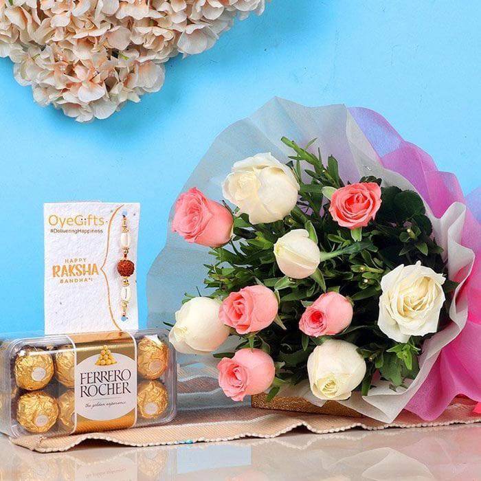 Rakhi With 10 Pink N White Roses Bouquet  N Ferrero Rocher - YuvaFlowers