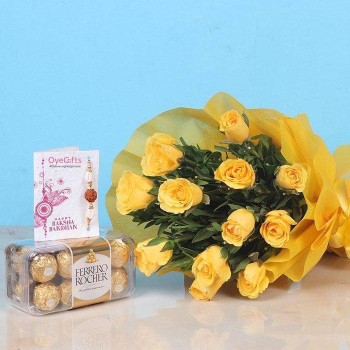 Rakhi With 12 Yellow Roses N Ferrero Rocher - YuvaFlowers