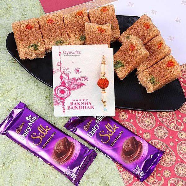 Rakhi with Milk Cake Silk Combo - YuvaFlowers