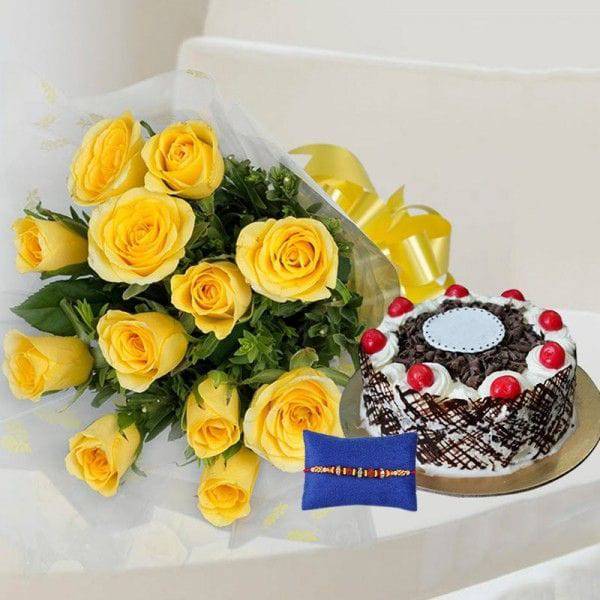 Rakhi with Yellow Roses and Cake - YuvaFlowers