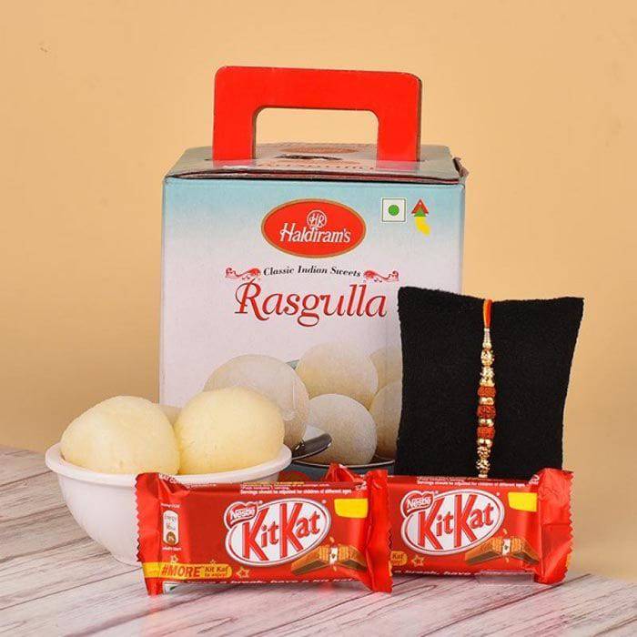 Rasgulla with kitkat chocolate rakhi hamper - YuvaFlowers