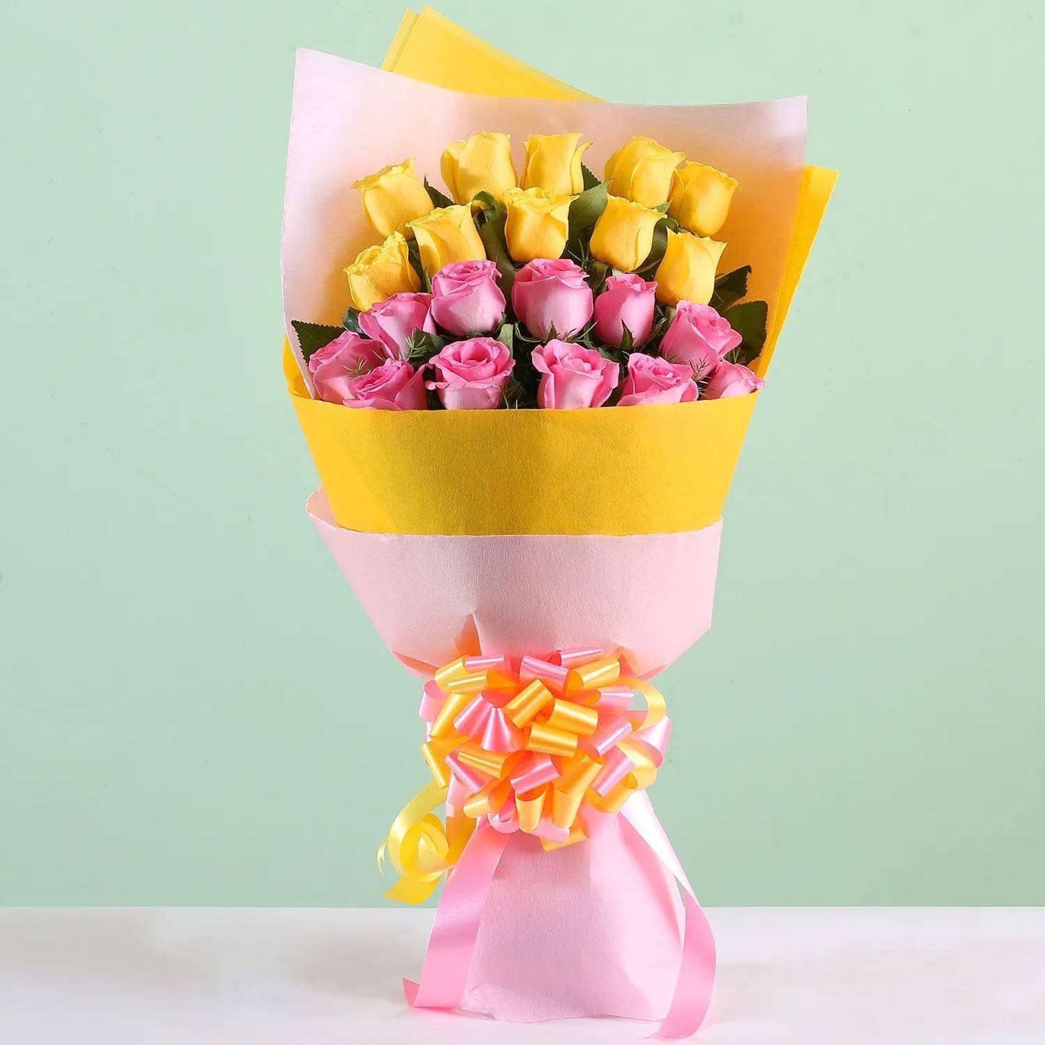 Ravishing Pink & Yellow Roses Bouquet - YuvaFlowers