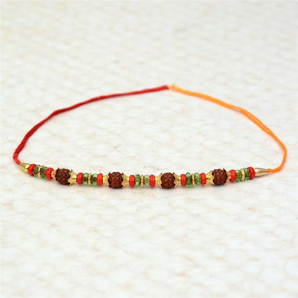 Red and Green Rudraksh Mouli Rakhi - YuvaFlowers