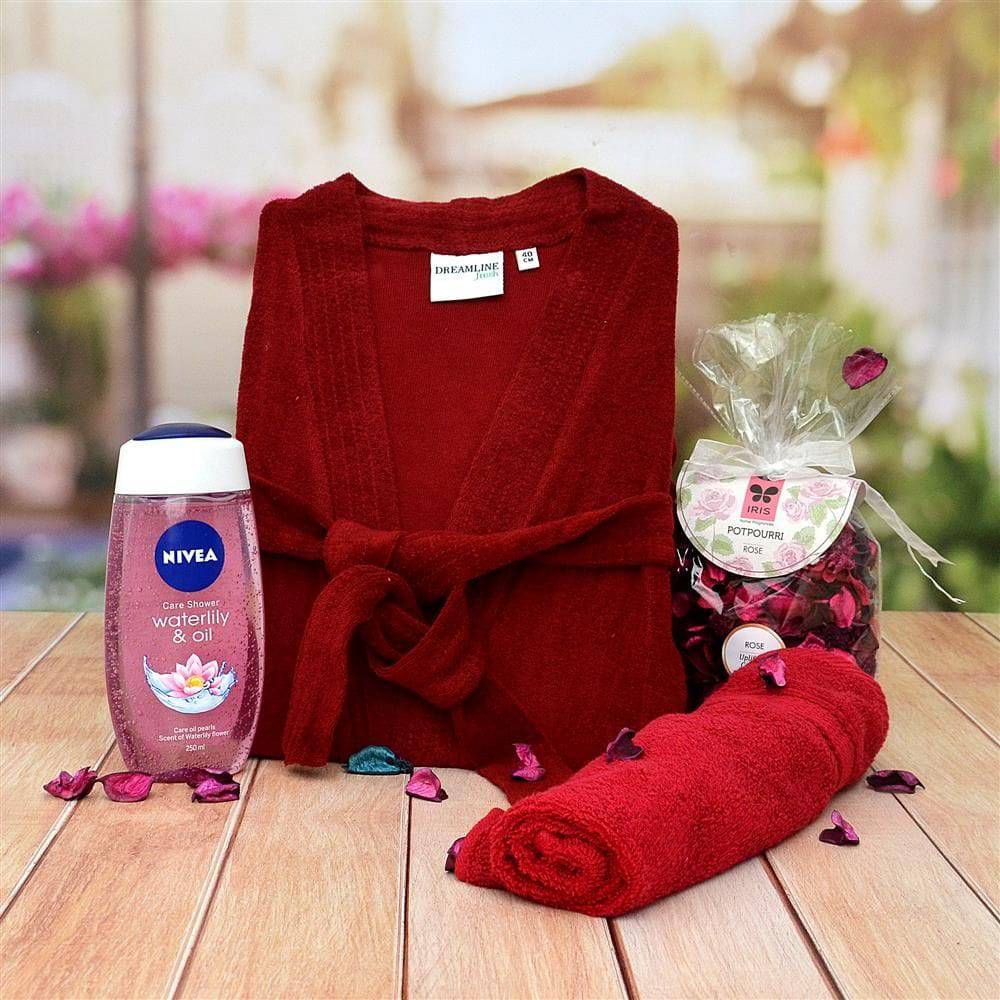 Red Bathrobe with Shower Gel and Potpourri Rose - YuvaFlowers