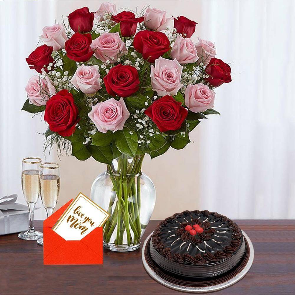 Red & Pink Roses With Chocolate Cake For Mom - YuvaFlowers