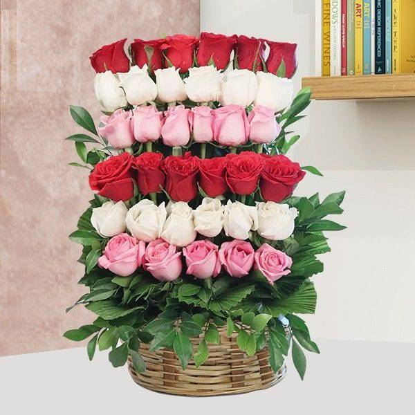 Red, Pink & White Roses Basket - YuvaFlowers
