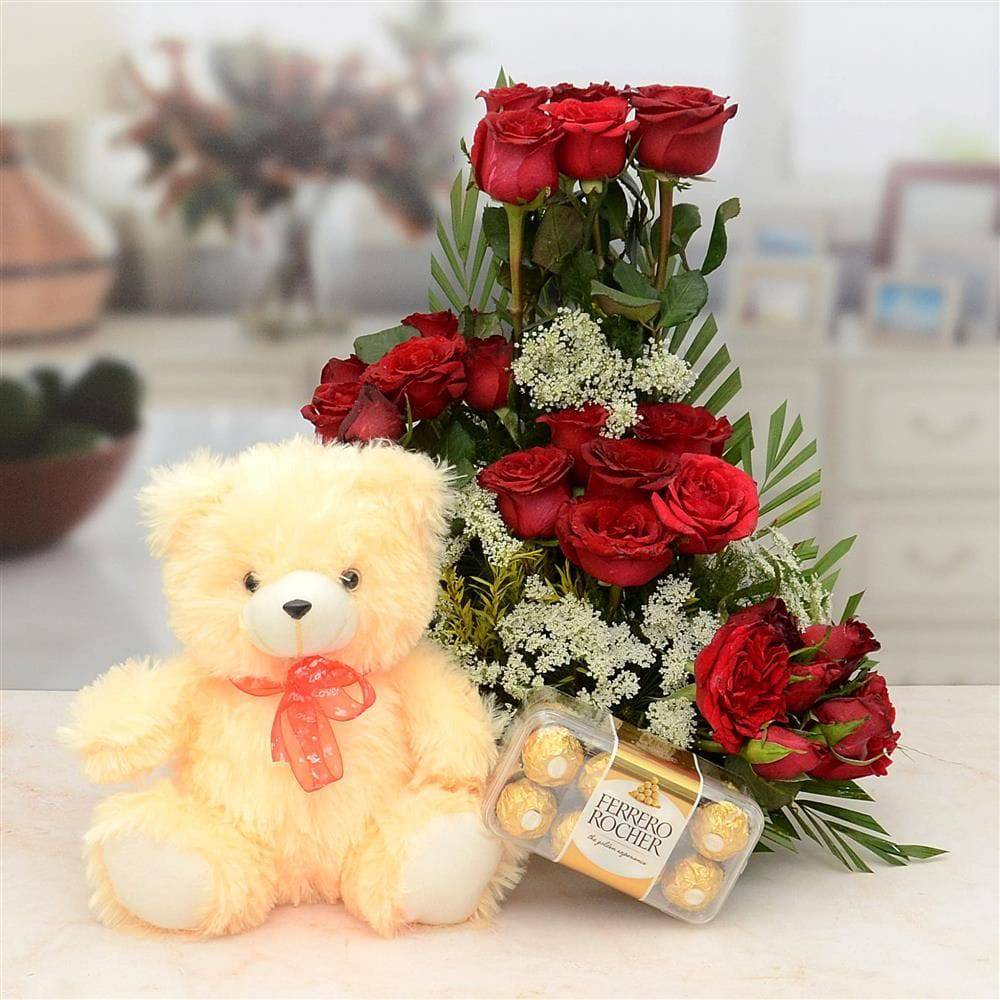 Red Rose Basket With Cream Teddy & Chocolate - YuvaFlowers