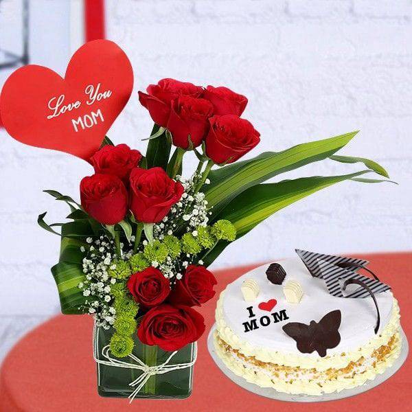 Red Rose Vase with Butterscotch Cake - YuvaFlowers