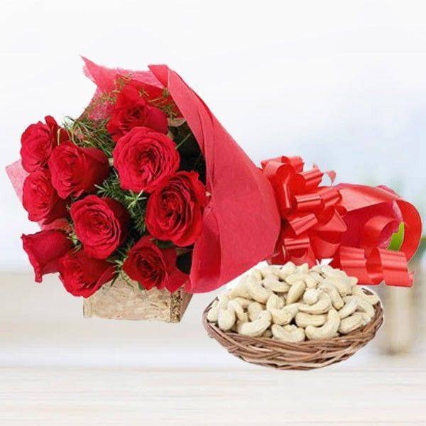 Red Roses And Half kg Cashew with a Basket - YuvaFlowers