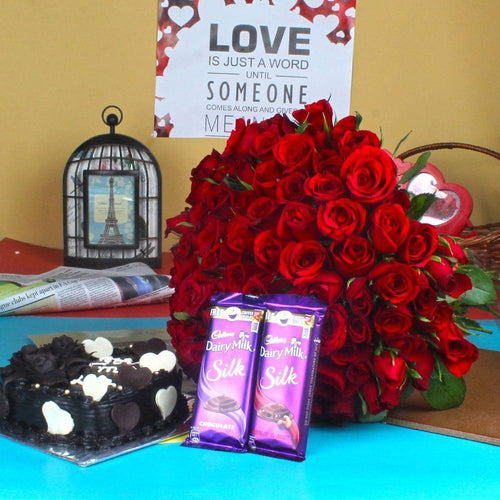 RED ROSES BOUQUET WITH CHOCOLATE CAKE AND SILK CHOCOLATE Online Gift Delivery