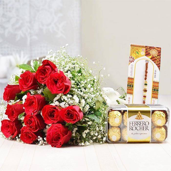 Red roses combo with Ferrero Rocher  Rakhi - YuvaFlowers