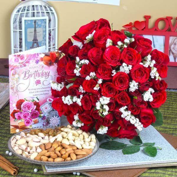 Red Roses with Assorted Dryfruit and Birthday Greeting Card - YuvaFlowers