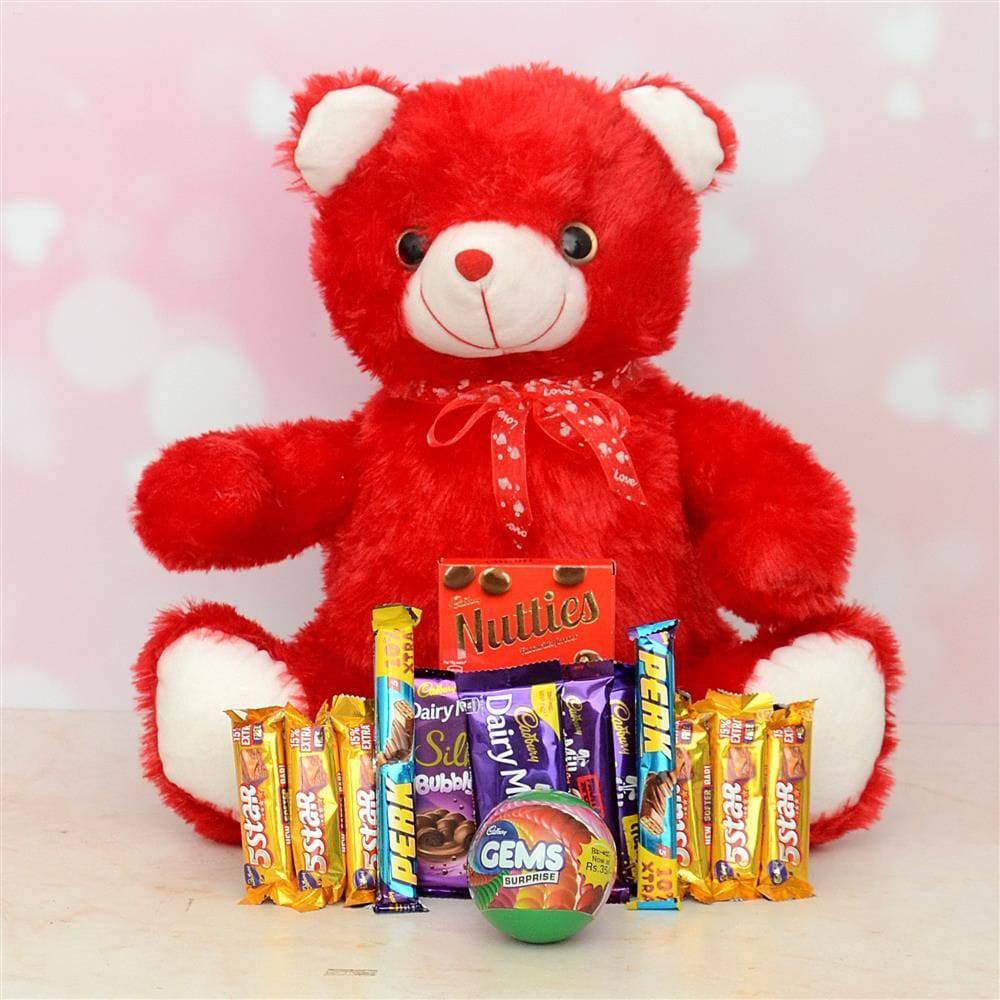 Red Teddy Bear With Chocolates Combo - YuvaFlowers