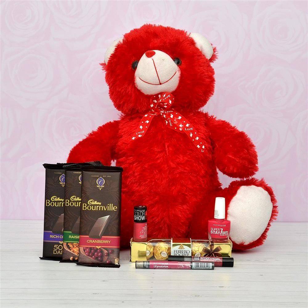 Red Teddy Bear with Chocolates - YuvaFlowers