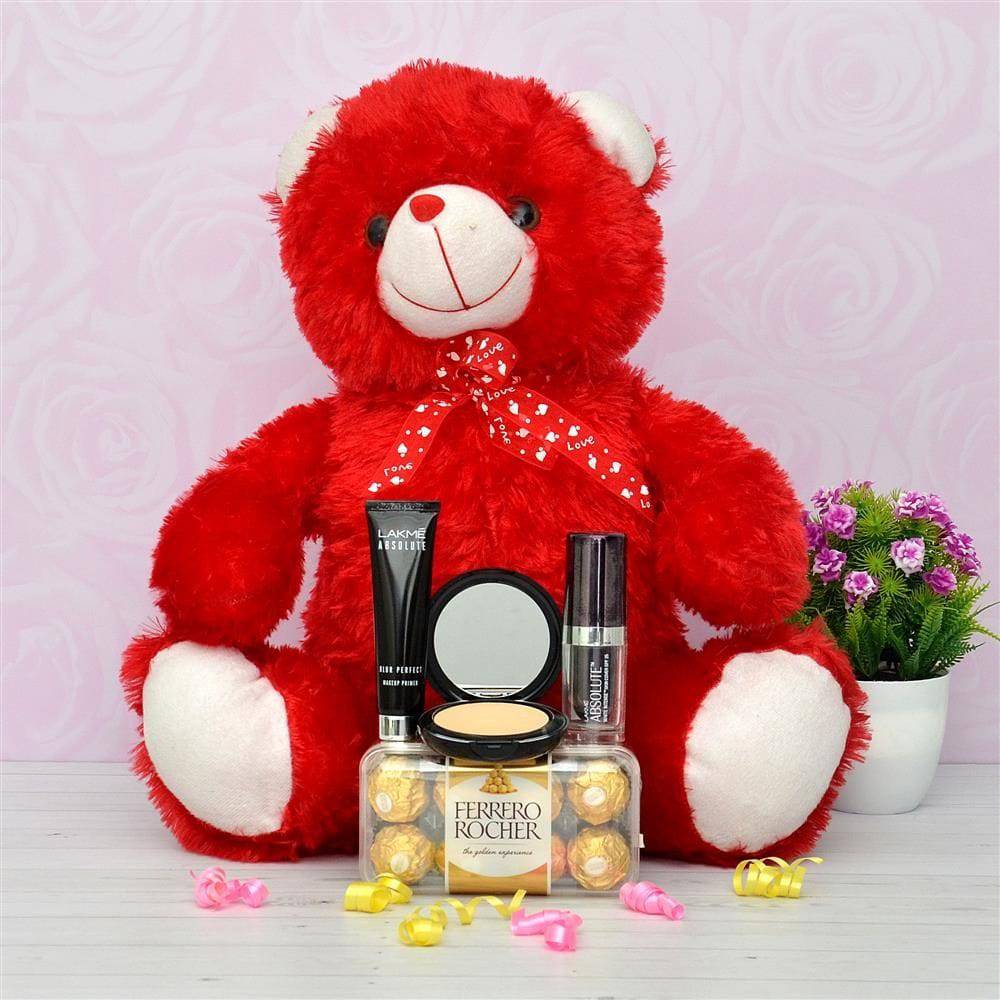 Red Teddy with Chocolates and Cosmetics - YuvaFlowers
