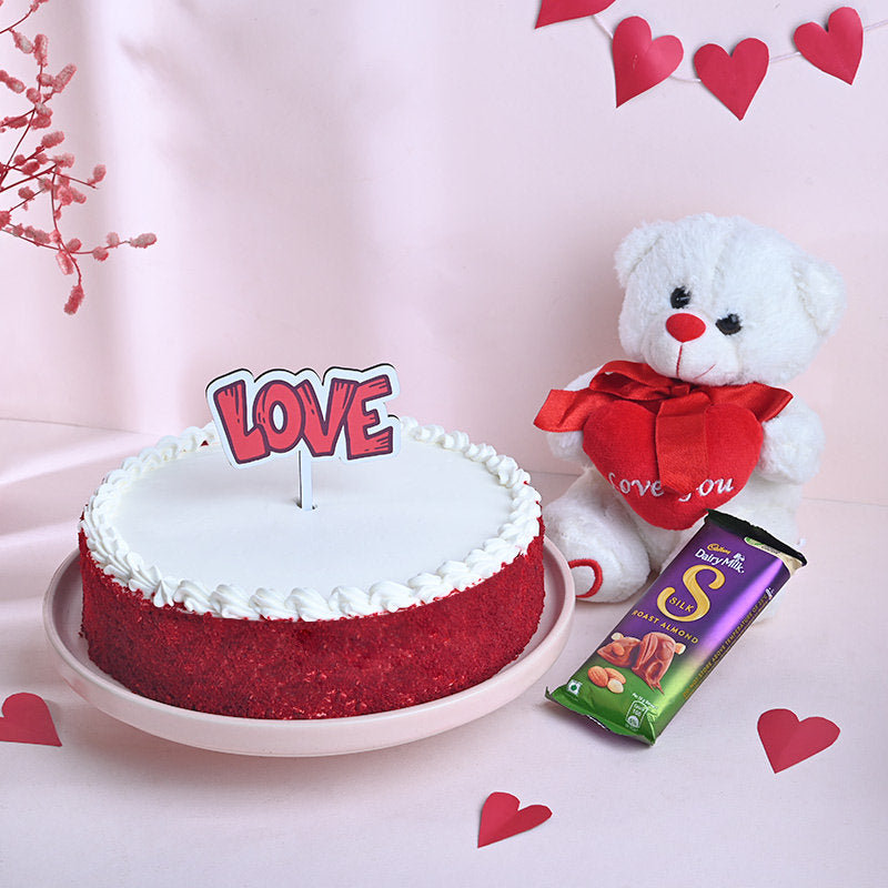 Red Velvet Cake With Teddy N Dairy Milk - YuvaFlowers