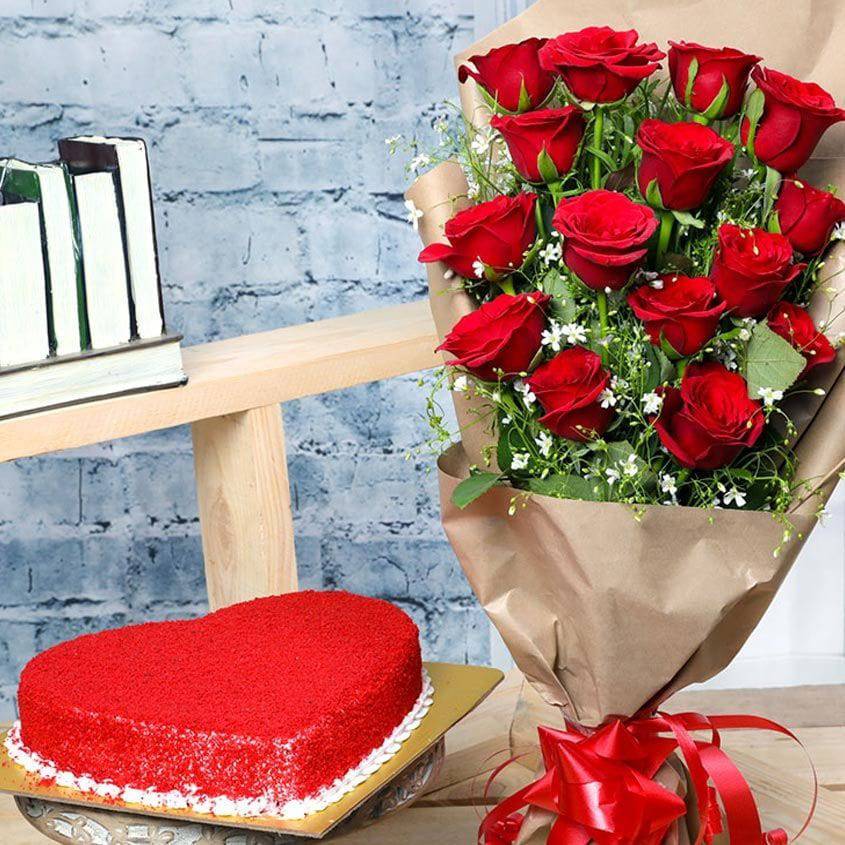 Red Velvet heart cake and Red Roses - YuvaFlowers