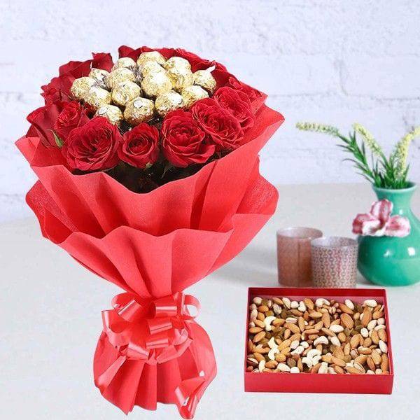 Rocher N Roses Bouquet With Dry Fruits - YuvaFlowers