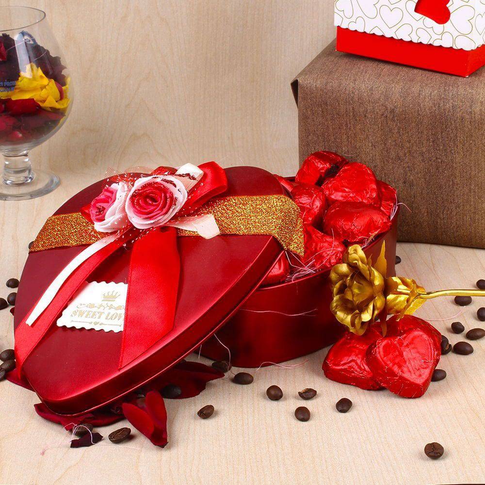 ROMANTIC HAMPER OF HEART SHAPE CHOCOLATES AND GOLDEN ROSE - YuvaFlowers