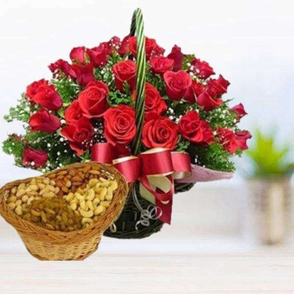 Roses Basket with Dry Fruits - YuvaFlowers