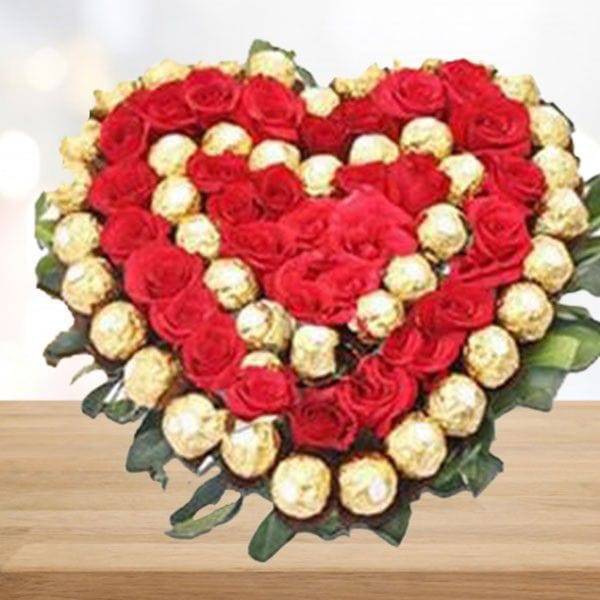 Roses with Ferrero Rocher Heart - YuvaFlowers
