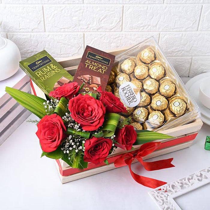 Rosy Temptation Rocher Hamper - YuvaFlowers